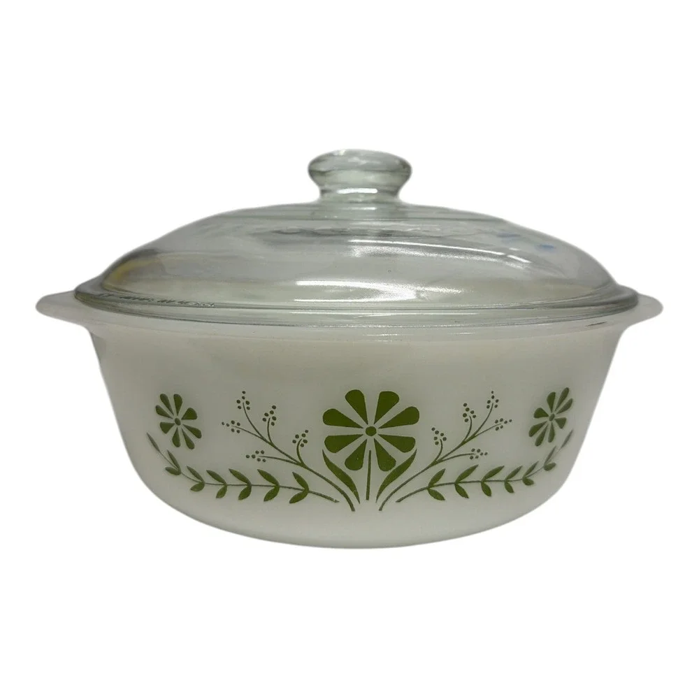 Glasbake Green Daisy W/Lid Casserole Dish 1.5 Qt Milk Glass J-2600